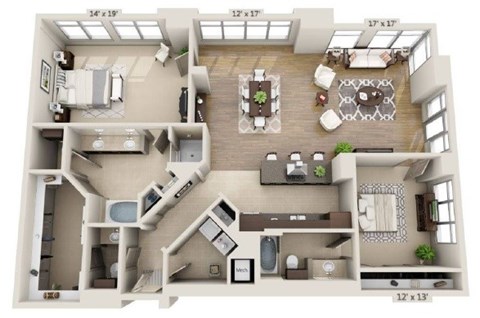 Floor plan for 2 beds, 2.5 baths, 2085 sqft